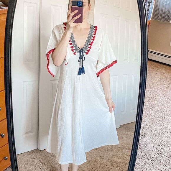 Zara Boho Pom Pom Tassel Midi Dress White S - Picture 1 of 15